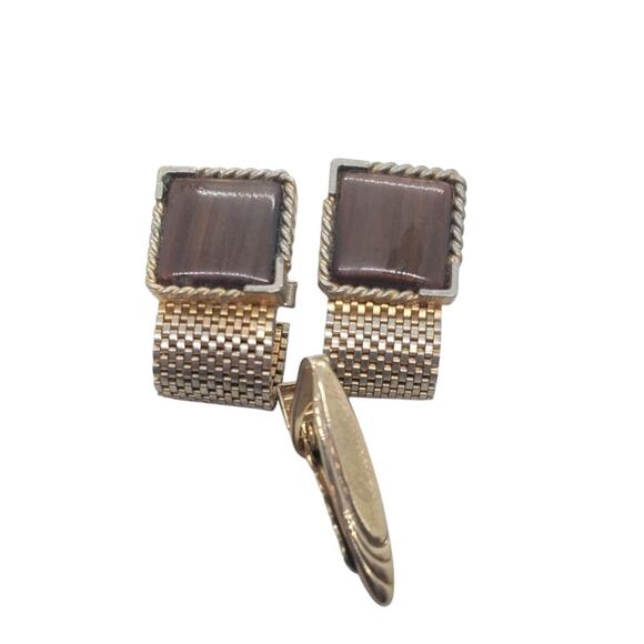 Vintage Cufflinks 1950 Mesh Wrap Gold Plated Lucite Faux Wood Tie Bar Cuff Links - Picture 1 of 13